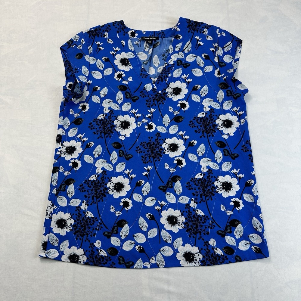 Hilary Radley Women's M/M Blue Floral Sleeveless V-Neck Blouse Top